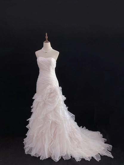 Modest Mermaid Strapless Pink Tulle With Ruffled Flowers Long Prom Dresses Formal Outfits Evening Night Dress RB7783