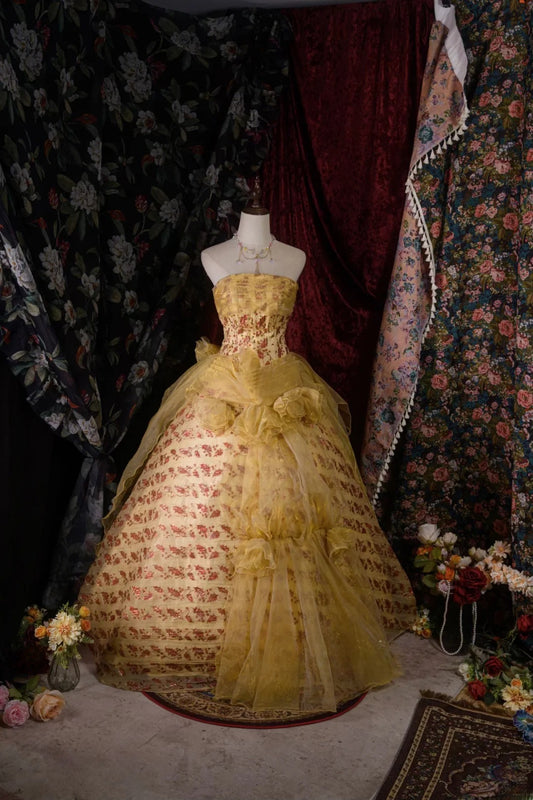 Vintage Ball Gown Formal Events Strapless Tulle With Gold Ruffled Quince Dress Quinceanera Dresses Birthday Outfits RB8563