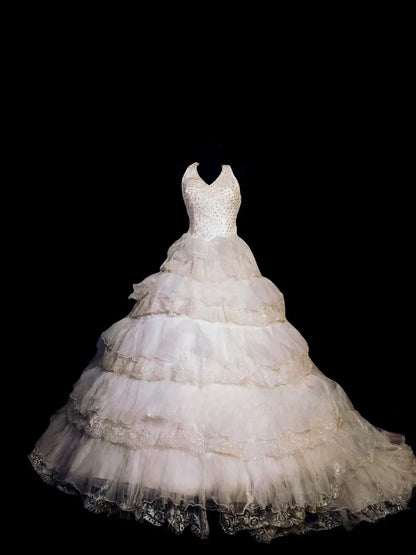 Vintage 80s Wedding Dress Ball Gown Halter Lace With Tiered Layers Bridal Gown for Big Day RC0077