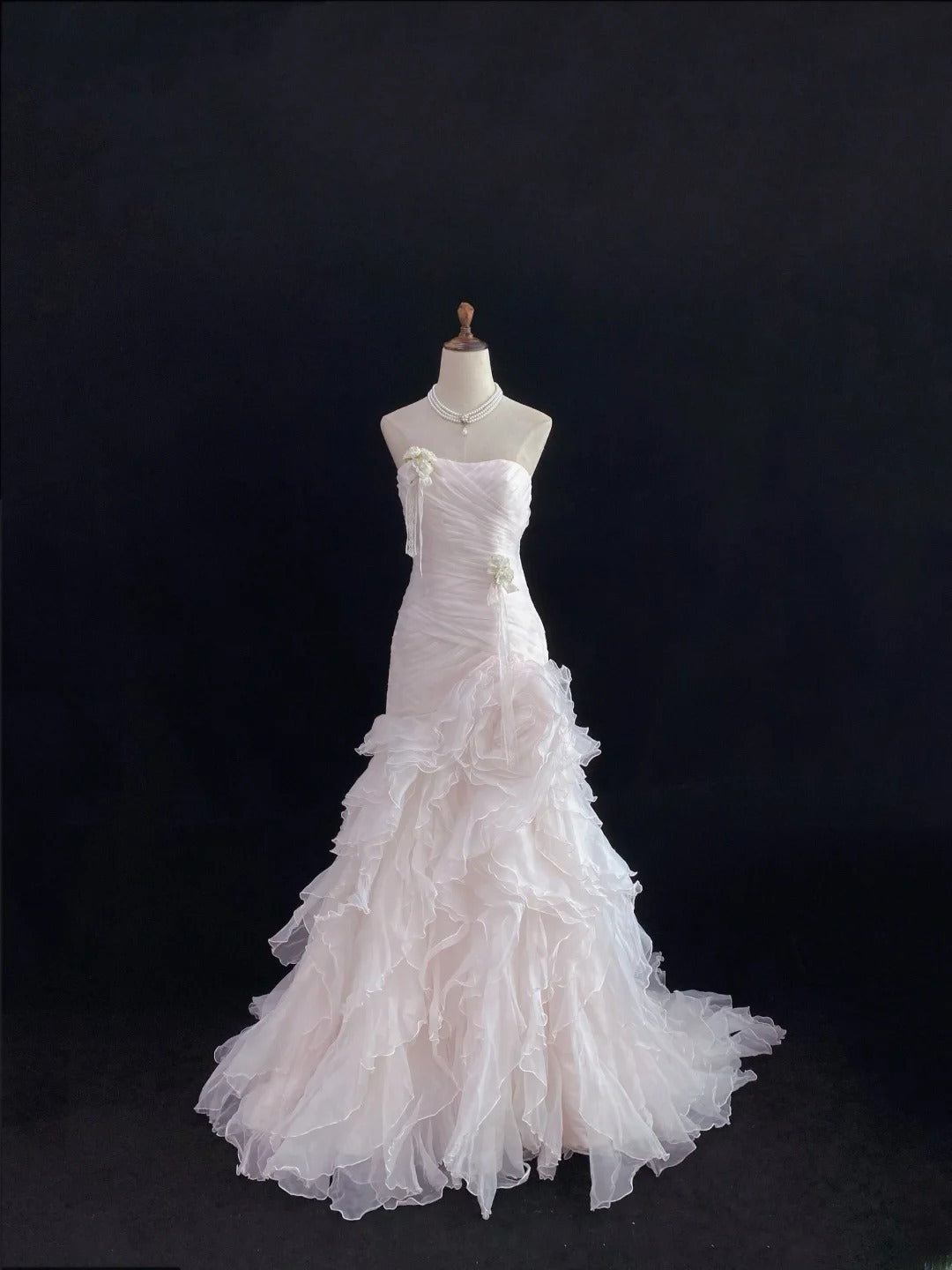 Modest Mermaid Strapless Pink Tulle With Ruffled Flowers Long Prom Dresses Formal Outfits Evening Night Dress RB7783