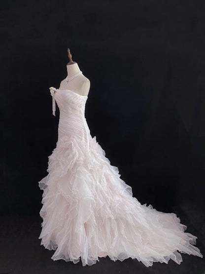 Modest Mermaid Strapless Pink Tulle With Ruffled Flowers Long Prom Dresses Formal Outfits Evening Night Dress RB7783