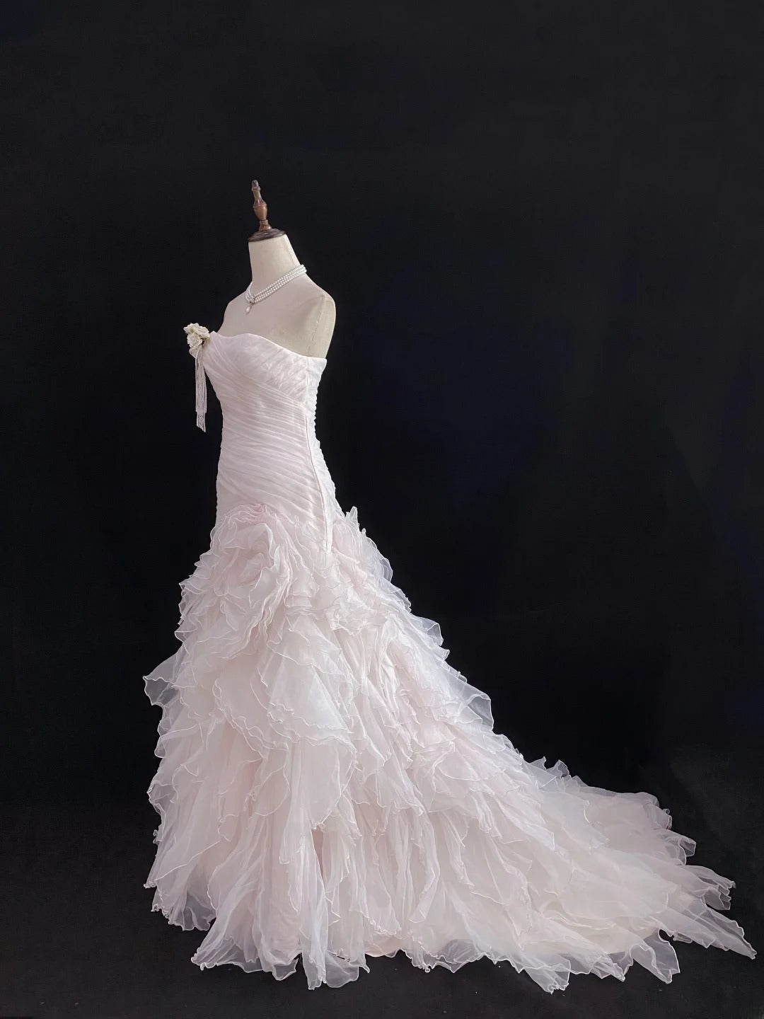 Modest Mermaid Strapless Pink Tulle With Ruffled Flower Long Prom Dresses Formal Outfit Evening Night Dress RB7784