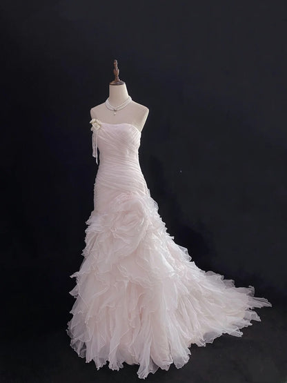 Modest Mermaid Strapless Pink Tulle With Ruffled Flowers Long Prom Dresses Formal Outfits Evening Night Dress RB7783