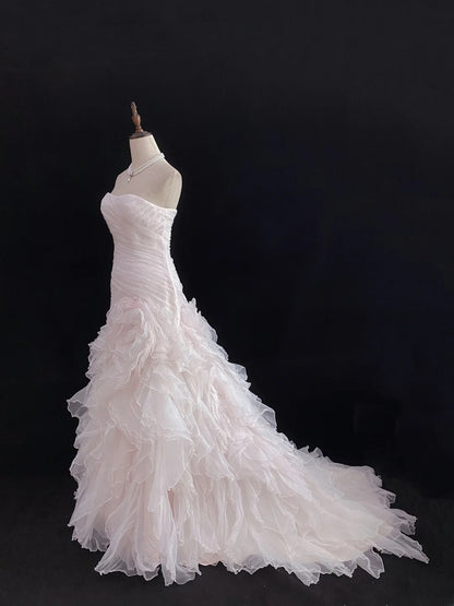 Modest Mermaid Strapless Pink Tulle With Ruffled Flowers Long Prom Dresses Formal Outfits Evening Night Dress RB7783