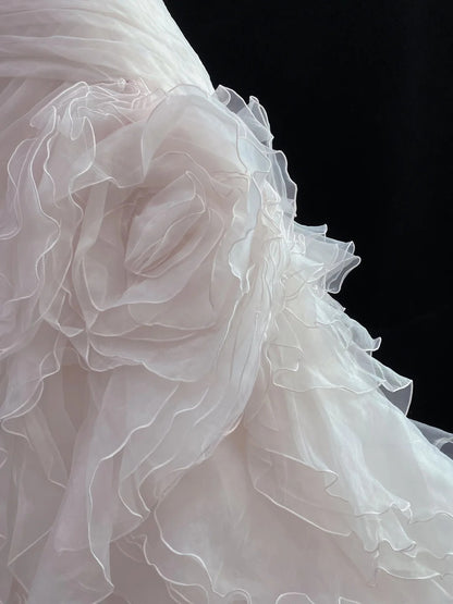 Modest Mermaid Strapless Pink Tulle With Ruffled Flowers Long Prom Dresses Formal Outfits Evening Night Dress RB7783