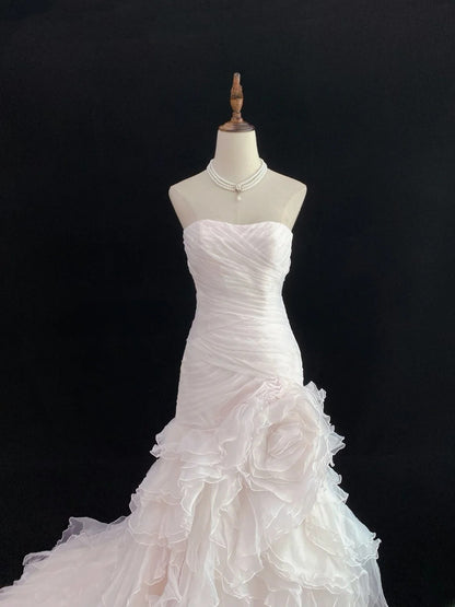 Modest Mermaid Strapless Pink Tulle With Ruffled Flowers Long Prom Dresses Formal Outfits Evening Night Dress RB7783