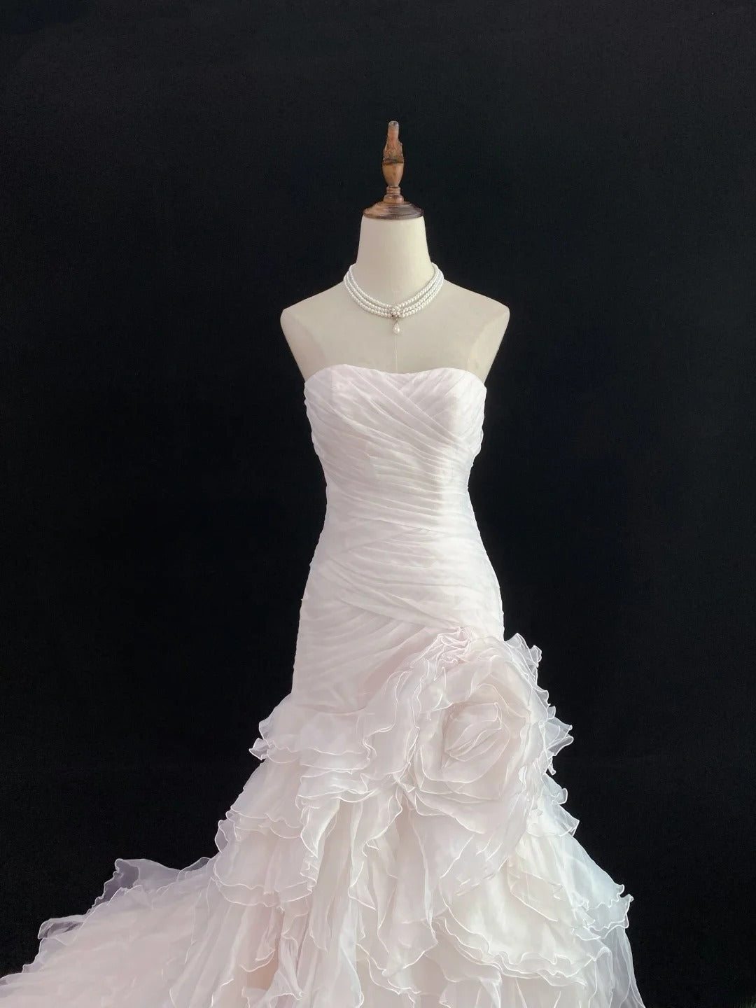 Modest Mermaid Strapless Pink Tulle With Ruffled Flower Long Prom Dresses Formal Outfit Evening Night Dress RB7784