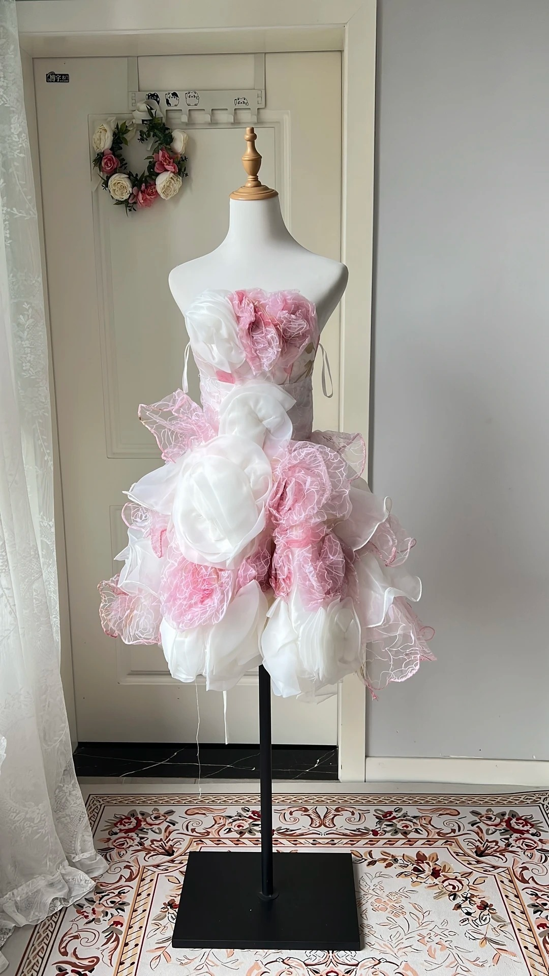 Cute Hoco Dress Ball Gown Strapless White Pink Short Floral Homecoming 17th Birthday Party Dress RC0662