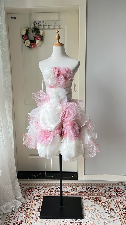 Cute Hoco Dress Ball Gown Strapless White Pink Short Floral Homecoming 17th Birthday Party Dress RC0662