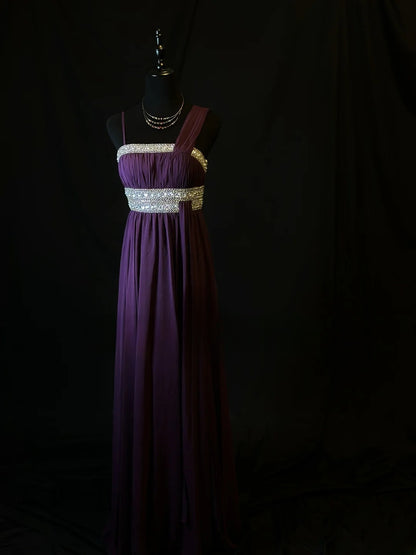 Vintage Prom Dresses A line Spaghetti Strap Purple Chiffon With Beading 1950s Retro Classy Long Party Formal Outfits RB6171