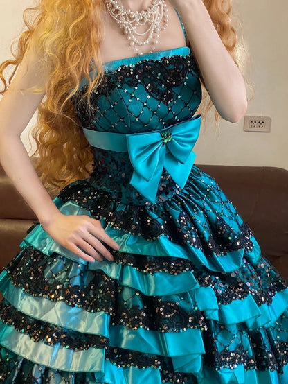 Prom Dress Elegant Ball Gown Spaghetti Straps Blue Black Lace Formal Evening Gown for Graduation Party RB9381