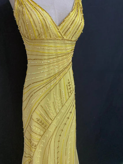 Modest Mermaid V Neck Yellow Tulle With Beading Crystals Long Prom Dresses Formal Outfit Evening Night Dress RB7785