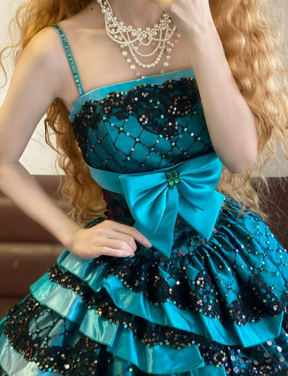 Prom Dress Elegant Ball Gown Spaghetti Straps Blue Black Lace Formal Evening Gown for Graduation Party RB9381