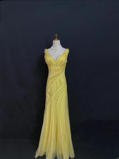 Modest Mermaid V Neck Yellow Tulle With Beading Crystals Long Prom Dresses Formal Outfit Evening Night Dress RB7785