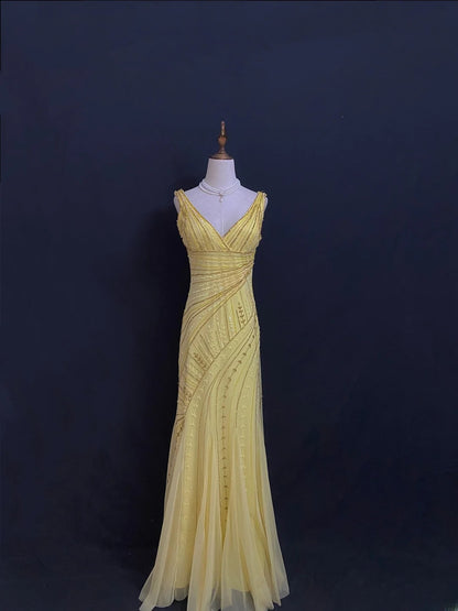Modest Mermaid V Neck Yellow Tulle With Beading Crystals Long Prom Dresses Formal Outfit Evening Night Dress RB7785