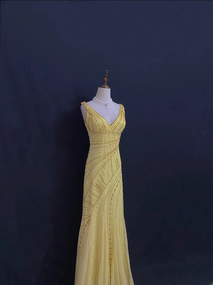 Modest Mermaid V Neck Yellow Tulle With Beading Crystals Long Prom Dresses Formal Outfit Evening Night Dress RB7785