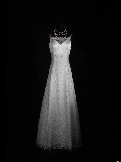 Brautkleider im Retro-Stil der 1950er Jahre: A-Linie, Spaghettiträger, silberne Perlen, Spitze, auch in kleinen Größen erhältlich, für standesamtliche Trauungen und Strandhochzeiten (Modell AS335).