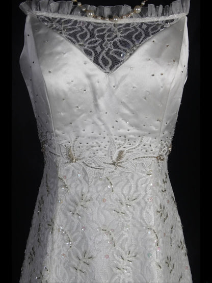 Brautkleider im Retro-Stil der 1950er Jahre: A-Linie, Spaghettiträger, silberne Perlen, Spitze, auch in kleinen Größen erhältlich, für standesamtliche Trauungen und Strandhochzeiten (Modell AS335).