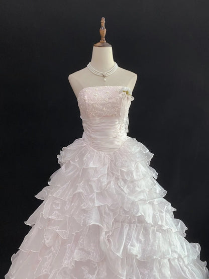 Dream Ball Gown Strapless Light Pink Lace Poofy Long With Tiered Layers Quince Dress inspo Quinceanera Dresses Sweet 15 16 Outfits RB7786