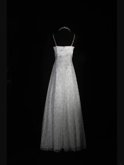 Brautkleider im Retro-Stil der 1950er Jahre: A-Linie, Spaghettiträger, silberne Perlen, Spitze, auch in kleinen Größen erhältlich, für standesamtliche Trauungen und Strandhochzeiten (Modell AS335).