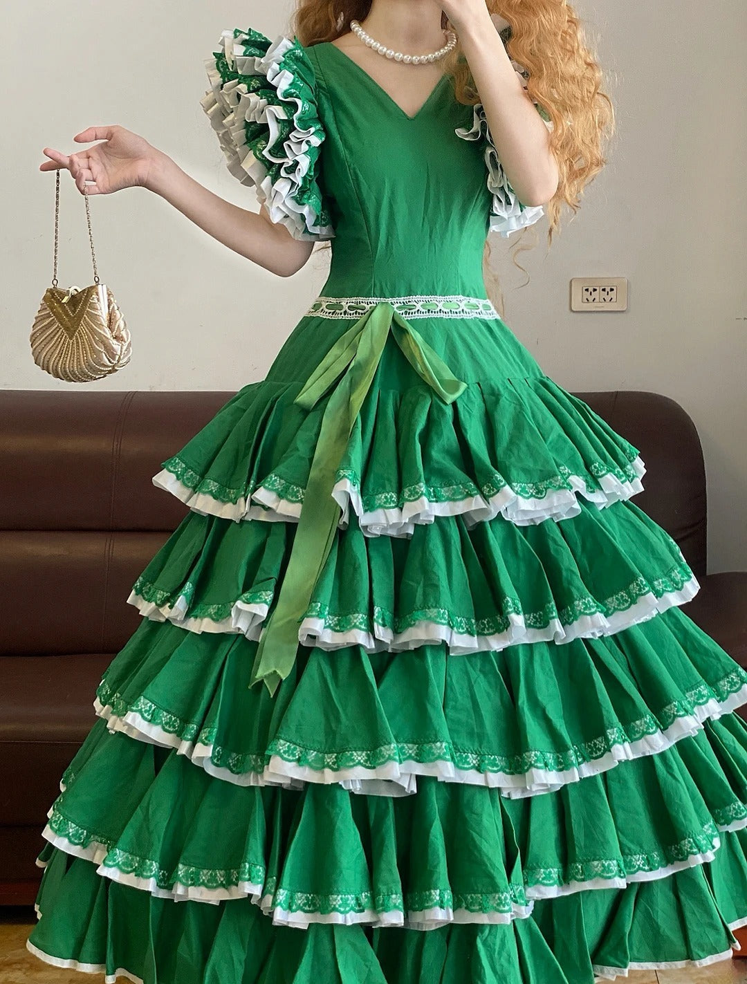 Ball Gown V Neck Green With Puffy Sleeves Lace Sweet 16 Dress Sweet Sixteen Princess Dress RB9382