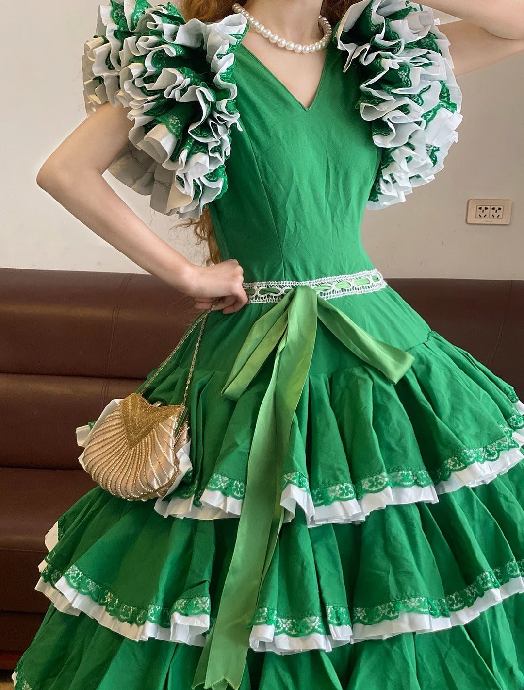 Ball Gown V Neck Green With Puffy Sleeves Lace Sweet 16 Dress Sweet Sixteen Princess Dress RB9382