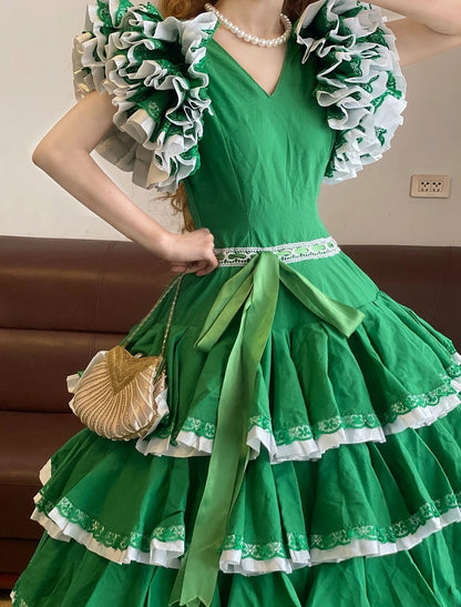 Ball Gown V Neck Green With Puffy Sleeves Lace Sweet 16 Dress Sweet Sixteen Princess Dress RB9382