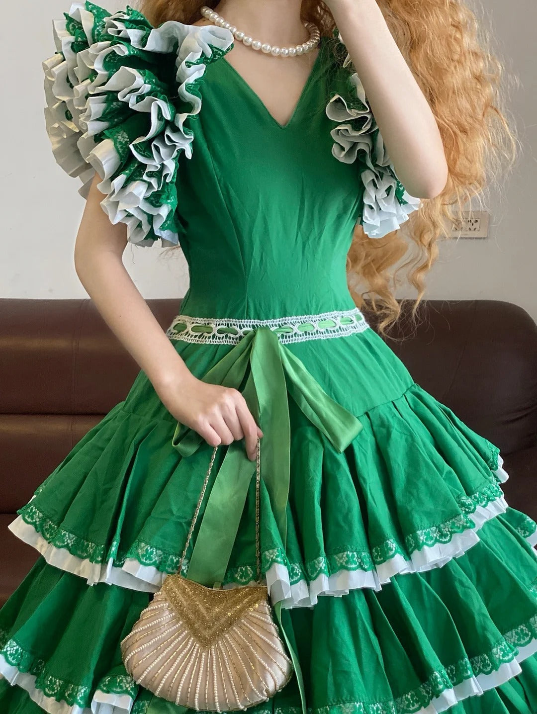 Ball Gown V Neck Green With Puffy Sleeves Lace Sweet 16 Dress Sweet Sixteen Princess Dress RB9382