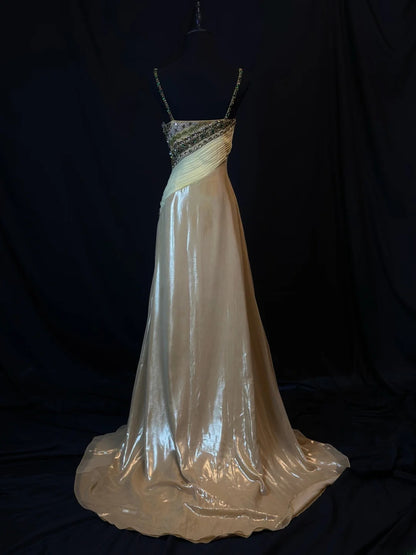 Vintage Prom Dresses Mermaid Spaghetti Strap Champagne Chiffon With Beading Long Party Gown Formal Outfits RB6172