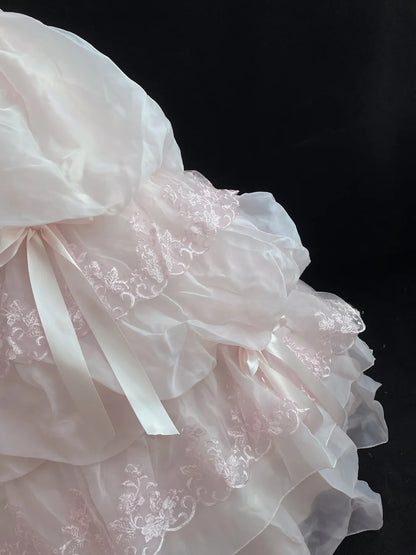 Dream Ball Gown Sweetheart Light Pink Lace Poofy Long With Tiered Layers Bow Quince Dress inspo Quinceanera Dresses Sweet 15 16 Outfits RB7787