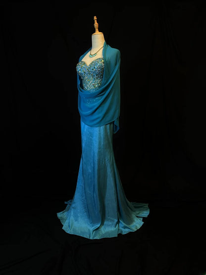 Vintage Prom Dresses Mermaid Sweetheart Blue Satin With Silver Beading Long Party Gown Formal Outfits RB6173