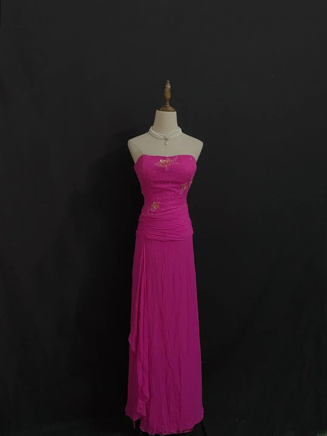 Vintage Sheath Strapless Fuchsia Chiffon With Beading Crystals Long Prom Dresses Formal Outfit Evening Night Dress RB7788