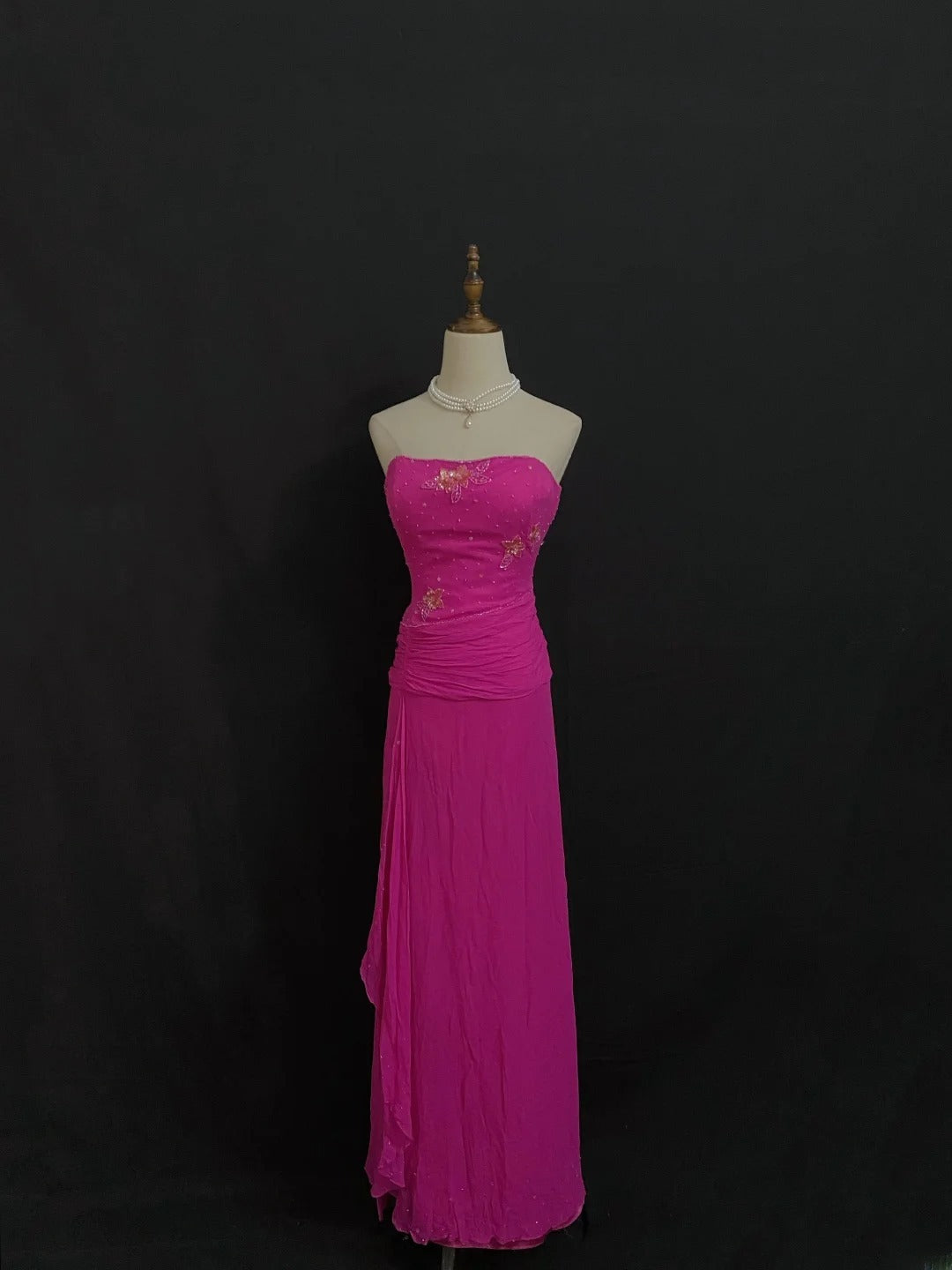 Vintage Sheath Strapless Fuchsia Chiffon With Beading Crystals Long Prom Dresses Formal Outfit Evening Night Dress RB7788