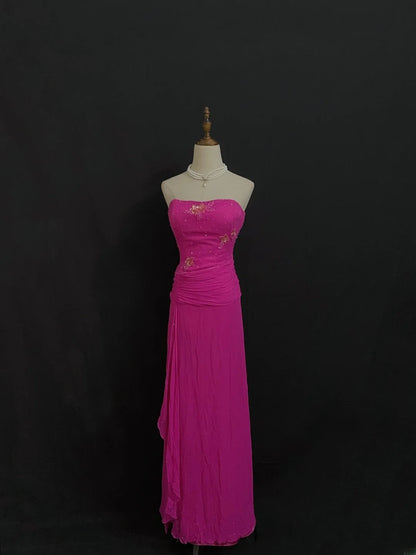 Vintage Sheath Strapless Fuchsia Chiffon With Beading Crystals Long Prom Dresses Formal Outfit Evening Night Dress RB7788