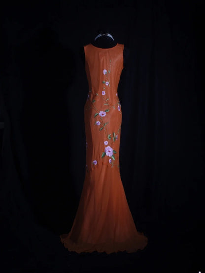 Retro-Meerjungfrauenkleid im 60er-Jahre-Stil aus orangefarbenem Chiffon mit Stickereien und Perlen – Inspiration für den 22. Geburtstag – Abendkleid AS337