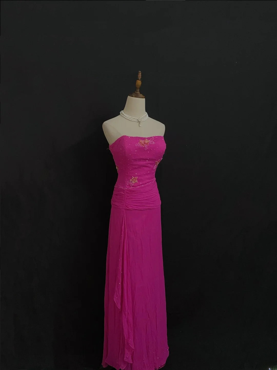 Vintage Sheath Strapless Fuchsia Chiffon With Beading Crystals Long Prom Dresses Formal Outfit Evening Night Dress RB7788