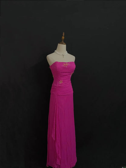 Vintage Sheath Strapless Fuchsia Chiffon With Beading Crystals Long Prom Dresses Formal Outfit Evening Night Dress RB7788