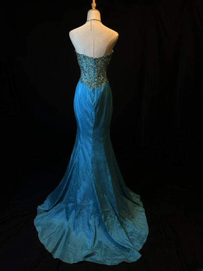 Vintage Prom Dresses Mermaid Sweetheart Blue Satin With Silver Beading Long Party Gown Formal Outfits RB6173