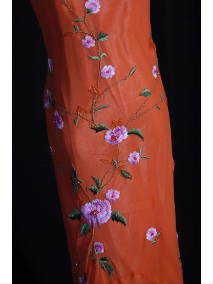 Retro-Meerjungfrauenkleid im 60er-Jahre-Stil aus orangefarbenem Chiffon mit Stickereien und Perlen – Inspiration für den 22. Geburtstag – Abendkleid AS337