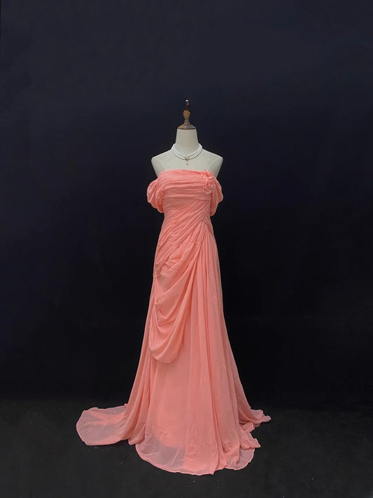 Vintage Sheath Off The Shoulder Coral Pink Chiffon With Sleeves Long Prom Dresses Formal Outfit Evening Night Dress RB7789