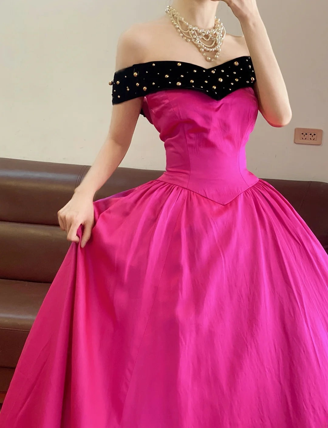 Prom Dress Elegant Ball Gown Off The Shoulder Hot Pink Formal Evening Gown for Graduation Party RB9385