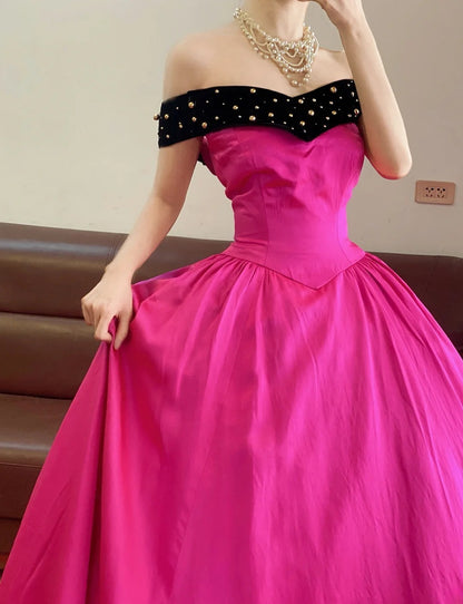 Prom Dress Elegant Ball Gown Off The Shoulder Hot Pink Formal Evening Gown for Graduation Party RB9385