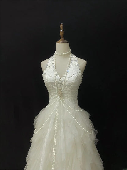 Beautiful Ball Gown Halter Sleeveless Tulle With Beading Long Groom Bride Gown Bridal Dress Modest Wedding Dresses RB7790