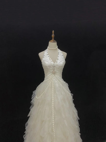 Beautiful Ball Gown Halter Sleeveless Tulle With Beading Long Groom Bride Gown Bridal Dress Modest Wedding Dresses RB7790