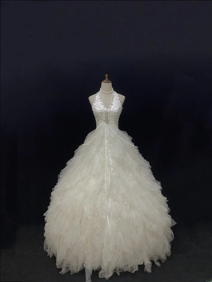 Beautiful Ball Gown Halter Sleeveless Tulle With Beading Long Groom Bride Gown Bridal Dress Modest Wedding Dresses RB7790