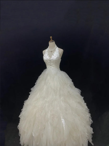 Beautiful Ball Gown Halter Sleeveless Tulle With Beading Long Groom Bride Gown Bridal Dress Modest Wedding Dresses RB7790