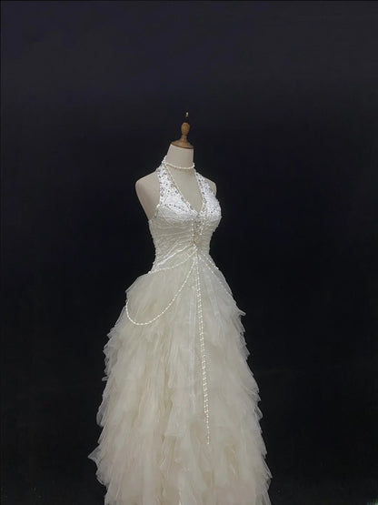 Beautiful Ball Gown Halter Sleeveless Tulle With Beading Long Groom Bride Gown Bridal Dress Modest Wedding Dresses RB7790