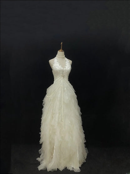 Beautiful Ball Gown Halter Sleeveless Tulle With Beading Long Groom Bride Gown Bridal Dress Modest Wedding Dresses RB7790