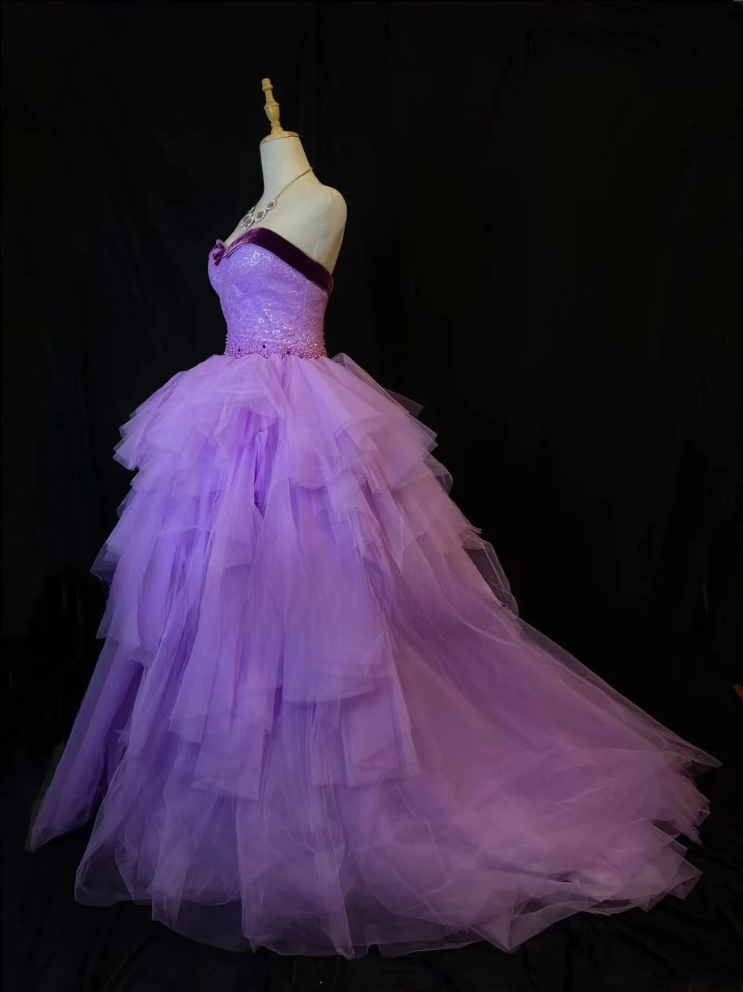 Modest Prom Dresses Ball Gown Strapless Purple Tulle With Beading Night Evening Formal Outfits RB6175