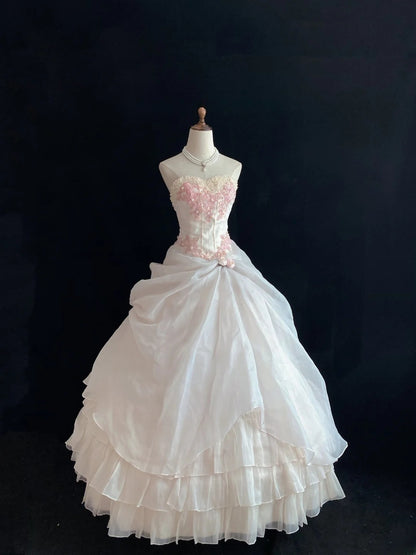 Dream Ball Gown Sweetheart Light Pink Lace Poofy Long With Pearls Quince Dress inspo Quinceanera Dresses Sweet 15 16 Outfits RB7791